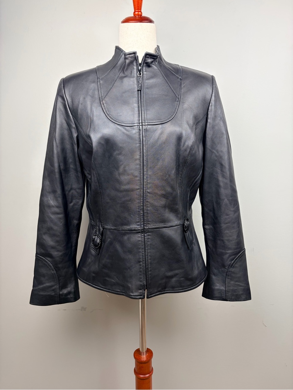 St. John Sport Marie Gray Leather Jacket Women’s M Black Zip Moto Career
